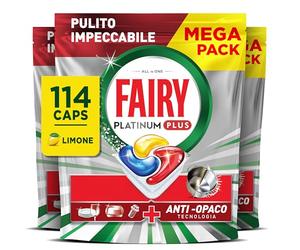 Fairy Platinum Plus Pastiglie Lavastoviglie, 114 Capsule, Limone Complete, Detersivo Con Tecnologia Anti-Opaco, Contro Grasso e Incrostazioni Ostinate Anche nei Cicli Brevi