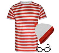 Fairy Trendz, set da 3 pezzi per bambini, composto da maglietta a righe rosse e bianche a righe, cappello, occhiali, calzini, set per feste in maschera, Uomo Donna (Tshirt Cappello Occhiali Set), XL