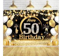 Fairymaiden 50 Anni Compleanno Festa Decorazioni Oro Nero, 50 Striscione di Compleanno Buon Birthday Decorazione di Festa Oro Nero per “Happy Birthday” Poster Sfondo Uomo Donna 50 Anni (150x100 cm)