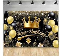 Fairymaiden Decorazioni Compleanno Oro Nero, Striscione Buon Compleanno, Happy Birthday Decorazioni Con forma di Corona per “Happy Birthday” Poster Sfondo Uomo Donna Ragazzo Ragazza (150x100 cm)