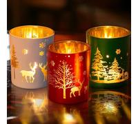 FairyPeach Set di 3 Portacandele Natalizie, Portalumini 7x8cm, Portacandele Tealights Votive di Natale,Porta Candele in Vetro, Porta Candele, Motivo Albero Natale Fiocco Neve Cervi, Candele Decorative