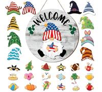 FairySandy 29 gnomi intercambiabili di benvenuto per porta d'ingresso, decorazione stagionale in legno con magnete, decorazione da parete, cappello staccabile, per primavera 4 luglio (colori assortiti