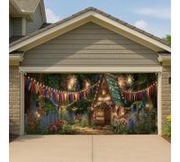 Fairytale Cottage Garage Door Cover, Celebrazione Incantata Grande Garage Striscione Esterno, Fuochi D'artificio Autunno all'aperto Decorazione Festival 400 x 180 cm