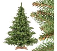 FairyTrees albero di Natale artificiale 180cm Abete Nordmann con supporto in legno | Abete di Natale artificiale con tronco verde | Facile da Montare | Prodotto in EU