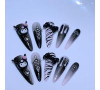 Fait à la main Faux Ongles Long MouyouGlow,Stiletto Noir Kawai Striped 3D Kuro Mi Bow Cartoon Étoiles Chrome Y2K Coquette Resuable Press on Nails,Handmade Fake Nails,10Pcs S