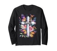 Faith Cross Butterflies Floral Religious Christ Flowers Maglia a Manica