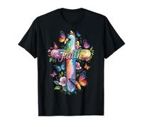 Faith Cross Butterflies Floral Religious Christ Flowers Maglietta
