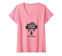 Faithful Through Storms: all My Life Inspirational Citazione Maglietta con Collo a V, Donna, Rosa, M