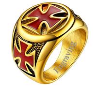 FaithHeart Anello Cavalieri Templari Croce/Spada Templare in Acciaio Inox per Uomo Anello Rosso Nero Oro con Sigillo Medaglia Scudo Lucido Anello Punk Gotico