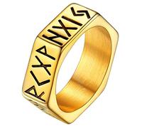 FaithHeart Anello Esagonale in Acciaio Rune Vichinghe - Amuleto Mitologia Hiphop Punk Figo Rock Senza Nichel con Macinazione Fine a Mano - Misura IT 14-32