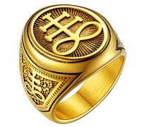 FaithHeart Anello Uomo Croce del Leviatano/Sigillo di Satana Anello Diavolo Personalizzato Punk Hiphop Rapper in Accaio Inox 316L Oro/Nero Placcato Gioielli Religiosi del Satanismo