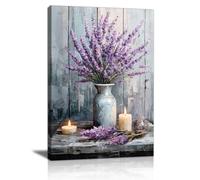 FajerminArt Viola Lavanda Nel Vaso Quadri Moderni Con Cornice, Rustico Country Candela Stampe da Parete Natura Morta Retrò Quadro Stampa Su Tela Decorazioni per Bagno Soggiorno Camera da Letto 30x40cm