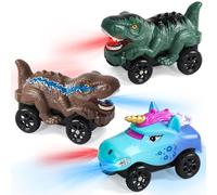 Fajiabao Macchinine Giochi Bambino 3 4 5 6 Anni, 2 Macchinine Dinosauri & 1 Unicorno con LED, Compatibile con Pista per Bambini