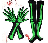 FaJoek Halloween Scheletro Guanti e Calze Sanguinati Set - Inquietanti Sopra Ginocchio Calze Cranio Artigli Fantasmi Osso, Scheletro, 1