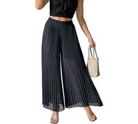 Fakanhui Pantaloni a palazzo da donna a gamba larga, in chiffon, plissettati, casual, estivi, spiaggia, vacanze, pantaloni culottes, nero, L