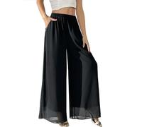 Fakanhui Pantaloni da palazzo a gamba larga in chiffon da donna in vita elastica casual pantaloni da lavoro fluidi, Chiffon01 Nero, XX-Large