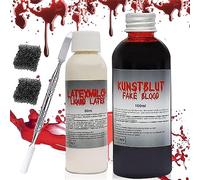 Fake Blood - Set per trucchi e latte di lattice, con 2 spugnette per il trucco e spatola, sangue artificiale lavabile, per bambini, Halloween, cosplay, palcoscenico, sangue artificiale (100 ml) (A)