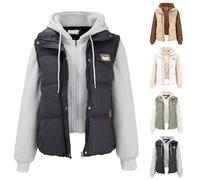 Fake due pezzi Felpa da donna, con cappuccio, giacca da donna falsa con cappuccio, giacca invernale a maniche lunghe, senza maniche, con cappuccio, gilet trapuntato, gilet da trekking, caldo, gilet