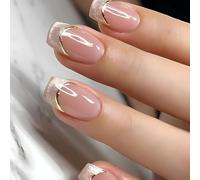 Fake Nails French Nails, unghie corte quadrate ad incastro con design occhi di gatto e linee dorate, unghie in gel acrilico lucido, unghie adesive copertura totale, unghie glitter estive per donne,