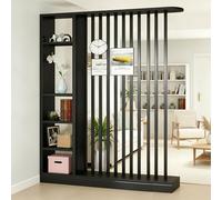 Fakednss Divisorio per Ambienti con Scaffali, Parete Divisoria in Legno con Listelli, Mobile Separatore Autoportante, Separé Moderno per Soggiorno Ingresso Camera Ufficio, 205 cm