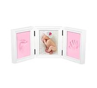 FakeFace - Cornice portafoto pieghevole per foto di neonato su un lato e impronte della mano e del piede sugli altri, kit di pasta da modellare per il calco, ottima idea regalo per una nascita, Rose, Trois Pièces