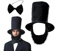 FakeFace Set di 3 costumi da Abe Lincoln deluxe con cappello a cilindro, cravatta e barba, per Halloween, cosplay, presidenti, abe, costume storico