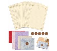 FAKZEP Set Carta da Lettere con Busta Vintage, 20 Pezzi Carta da Scrittura Elegante con 10 Fogli con Rose Dorate, 5 Buste Colorate e 5 Sigilli in Ceralacca per Lettere d'Amore e Inviti
