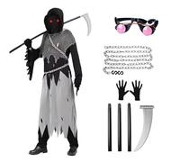 Falce Halloween Bambino, Halloween Costume Bambina, Scream Costume da Urlo Nero con Falce, Guanti, Occhiali, Mantello con Cappuccio e Catena di Metallo per La Festa Halloween, Cosplay (S)