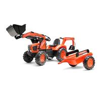 FALK - Tractopala a pedali Kubota con escavatore e rimorchio - Arancione - Made in France - Pala anteriore ed escatrice articolate - Sedile girevole - Da 3 anni - 2060Y