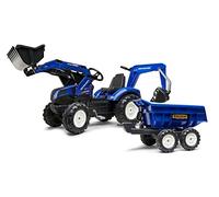FALK - Trattore a Pedali New Holland con Escavatore e rimorchio Ribaltabile - da 3 Anni - Made in France - Pala Anteriore articolata ed Escavatore - Rimorchio Ribaltabile - Sedile Girevole - 3090W