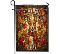 Fall Basenji Bandiere da giardino in iuta per cortile anteriore del cane, 30,5 x 45,7 cm, double face, per esterni, con motivo in vetro colorato per le vacanze, bandiere autunnali per la casa