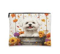 Fall Bichon Frise Dog Makeup Bag, borsa da viaggio per donne, regali per ragazze, piccola borsa portatile in tela con cerniera per cuccioli, 17,8 x 22,9 cm