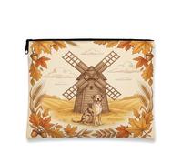 Fall Catahoulas Borsa per il trucco con cane leopardato, borsa da viaggio vintage con mulino a vento per donne, regali per ragazze, organizer portatile in tela con cerniera, 17,8 x 22,9 cm