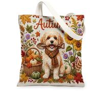 Fall Cavachon Dog Canvas Tote Bag per lo shopping 13 * 15, Holiday Harvest Plant riutilizzabile borsa a tracolla per la spesa borsa da donna, decorazione regalo pittura autunnale