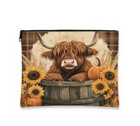 Fall Farmhouse Highland Cow Makeup Bag 17,8 x 22,9 cm per borsa da viaggio, borsa per cosmetici rustica autunnale con stampa di girasole, regalo per donne, fattoria di campagna, organizer portatile in