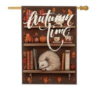 Fall Fun - Bandiera per casa con riccio, 71 x 101 cm, double-face, decorativa, per esterni, foglie d'acero autunnali, libri, tè, cortile, casa, tela, motivo animale, per esterni, cortile, prato