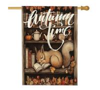 Fall Fun - Bandiera per casa scoiattolo, 71 x 101 cm, double-face, decorativa, per esterni, foglie d'acero autunnali, libri, tè, cortile, tela, casa, motivo animale, per esterni, cortile, prato