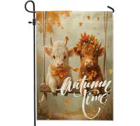 Fall Fun - Bandiere da giardino a dondolo con mucca delle Highland, 30,5 x 45,7 cm, per esterni, con foglie d'acero, bandiere verticali standard in lino per casa, foresta, cortile, cortile, prato