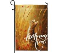 Fall Fun Cat Front Yard Backyard Juta Verticale Giardino Bandiere 12x18 Double Face per Esterno, Pittura a Olio Scenic Home Print Flag, Autunno Animale Casa Outdoor Pattern Bandiera