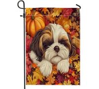 Fall Fun Shih Tzu - Bandiere da giardino per cani, 30,5 x 45,7 cm, double face, per esterni, con foglie d'acero, bandiera autunnale in tela per casa, cucciolo all'aperto piccolo cortile prato bandiera