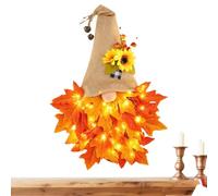 Fall Gnome Wreath, Rustic Door Decor, Autumn Maple Leaf Wreath with LED