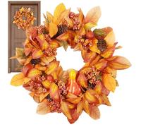 Fall Harvest - Decorative Autumn Circle for Events Celebration, Rustic Pumpkin and Leaf Arrangement with Realistic Foliage, Pumpkin Leave for Entryway, Porch, Table, Wall, Orange Gold, Box Packaging