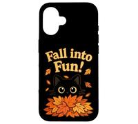Fall Into Fun Black Cat Autumn Leaves Cute Design Custodia per iPhone 16