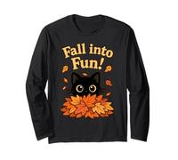 Fall Into Fun - Gatto Nero con Foglie Autunnali Maglia a Manica