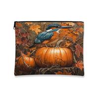 Fall Kingfishers - Borsa per il trucco con uccellino, vintage, con zucche autunnali, borsa da viaggio per donne, regali per ragazze, organizer portatile con cerniera, piccola tela con foglie, 17,8 x