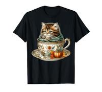 Fall Kitten in Floral Coffee Mug Knitted Scarf Cute Cat Maglietta