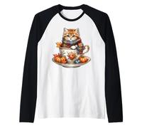 Fall Kitten Pumpkin Spice Coffee Mug Knitted Scarf Cute Cat Maglia con Maniche Raglan