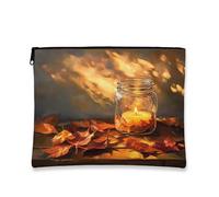 Fall Mason Jar Candle Makeup Bag, Borsa da viaggio per cosmetici autunnale con foglie rustiche, da donna, piccola borsa portatile in tela con cerniera, borsa da toilette da 17,8 x 22,9 cm