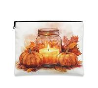 Fall Mason Jar Candle Makeup Bag, Borsa da viaggio per cosmetici con foglie di zucche autunnali, borsa da viaggio per donne, piccola borsa portatile in tela con cerniera, borsa da toeletta da 17,8 x