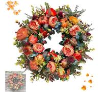 Fall Peony and Pumpkin Wreath, 45cm Autumn Peony Pumpkin Wreath Simulation Garland, with Pumpkin, Peonys, Berry Branches, Thanksgiving, and Autumn Home Accents (A,L)